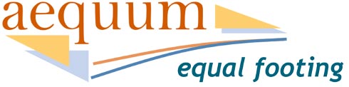 Aequum logo.  Aequum means equal footing.  Logo description: Below the name aequum there are two stylized steps.  Then, two supporting arcs flow up, transforming the steps into a ramp.  The ramp is located directly beside and equal to our company name - aequum.